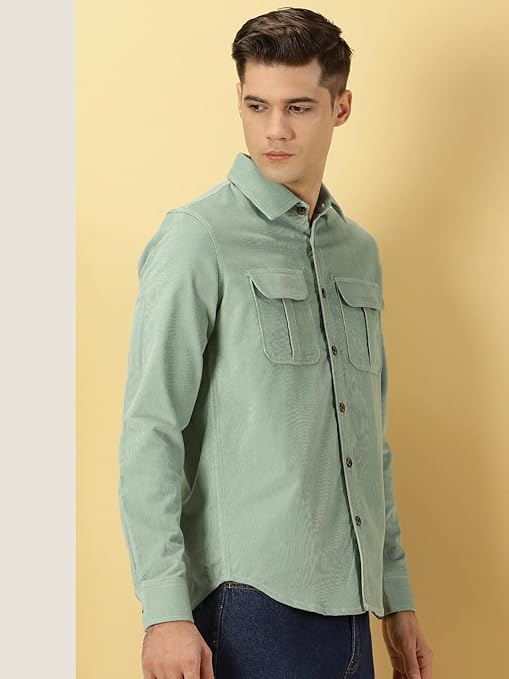 Mint Green Casual Cotton Shirt for Men with Patch Pockets