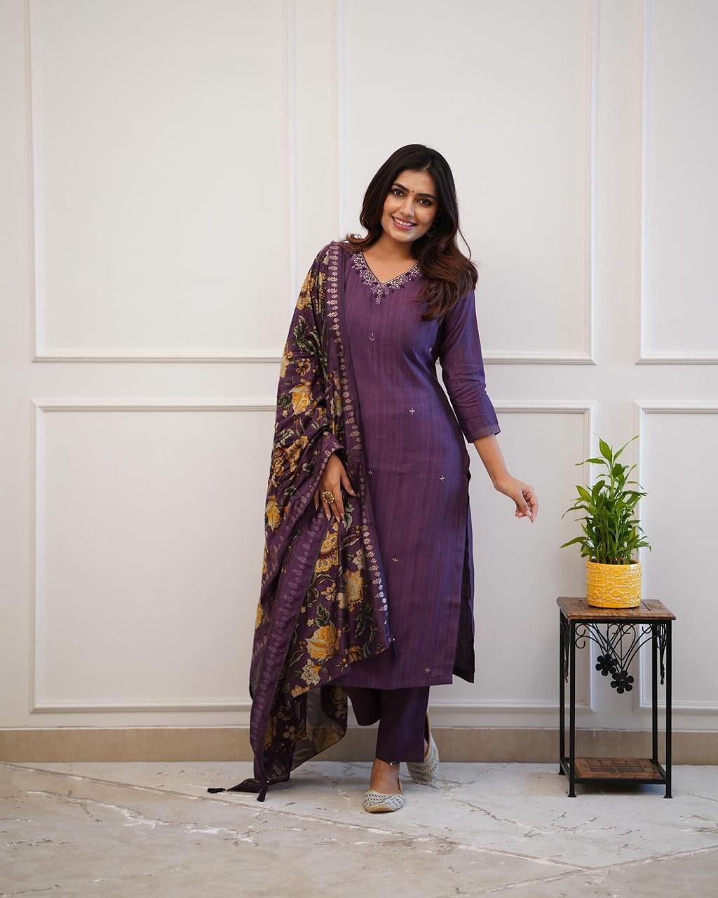Purple Floral Embroidered Kurti Set with Printed Dupatta