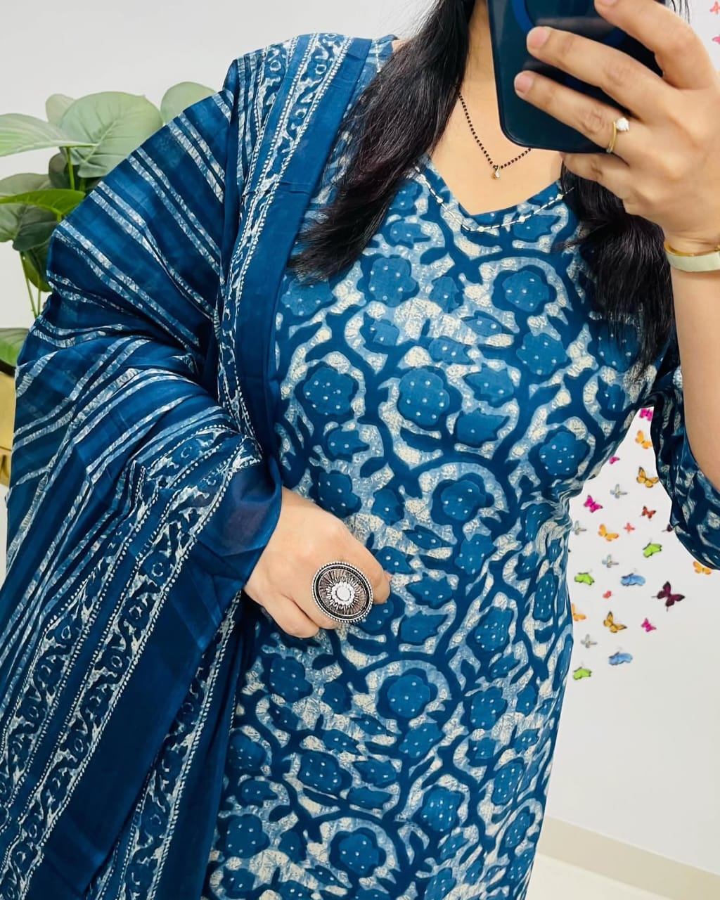 Indigo Blue Handblock Printed Cotton Suit
