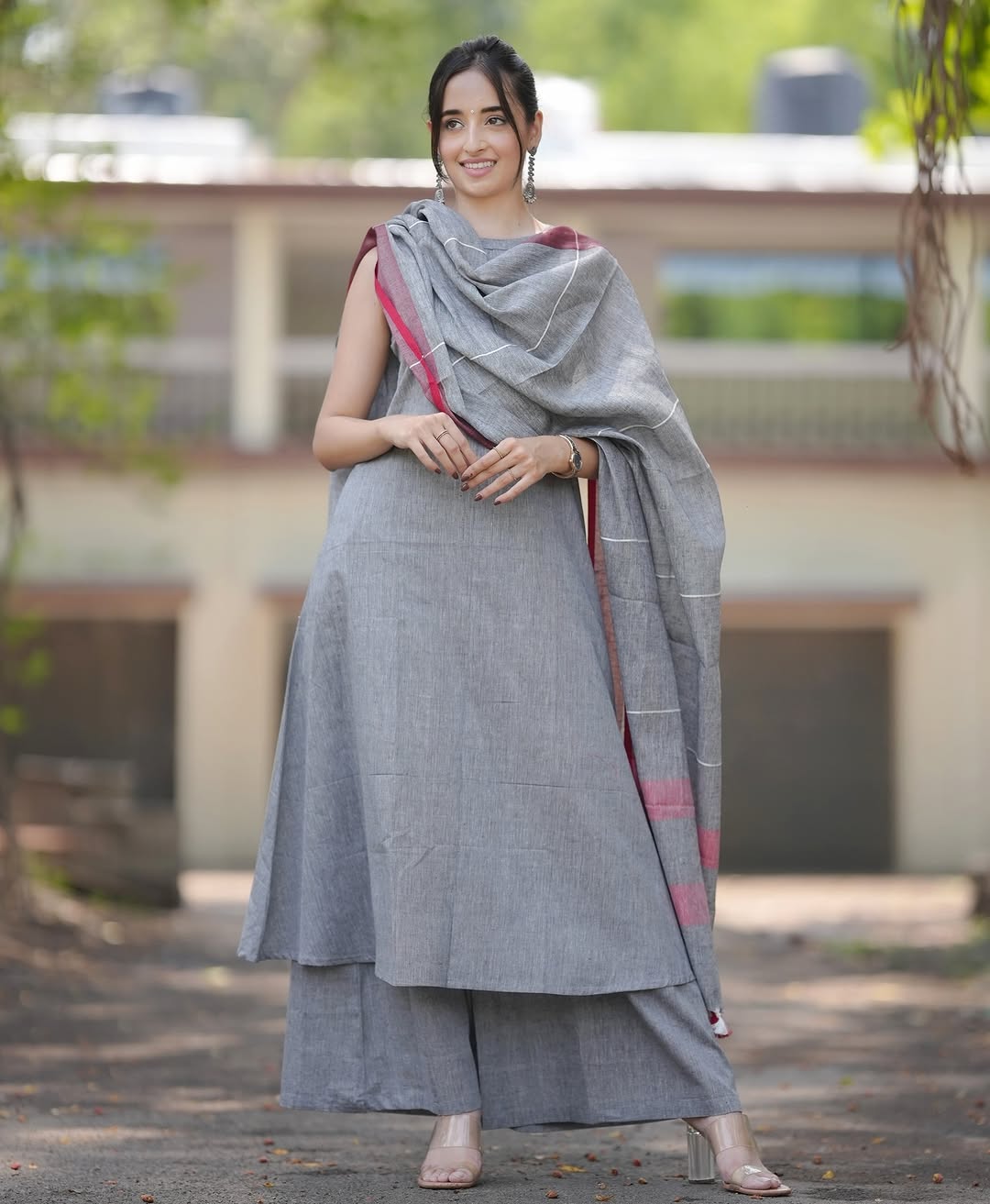 Minimalist Grey Handloom Kurta Set with Dupatta