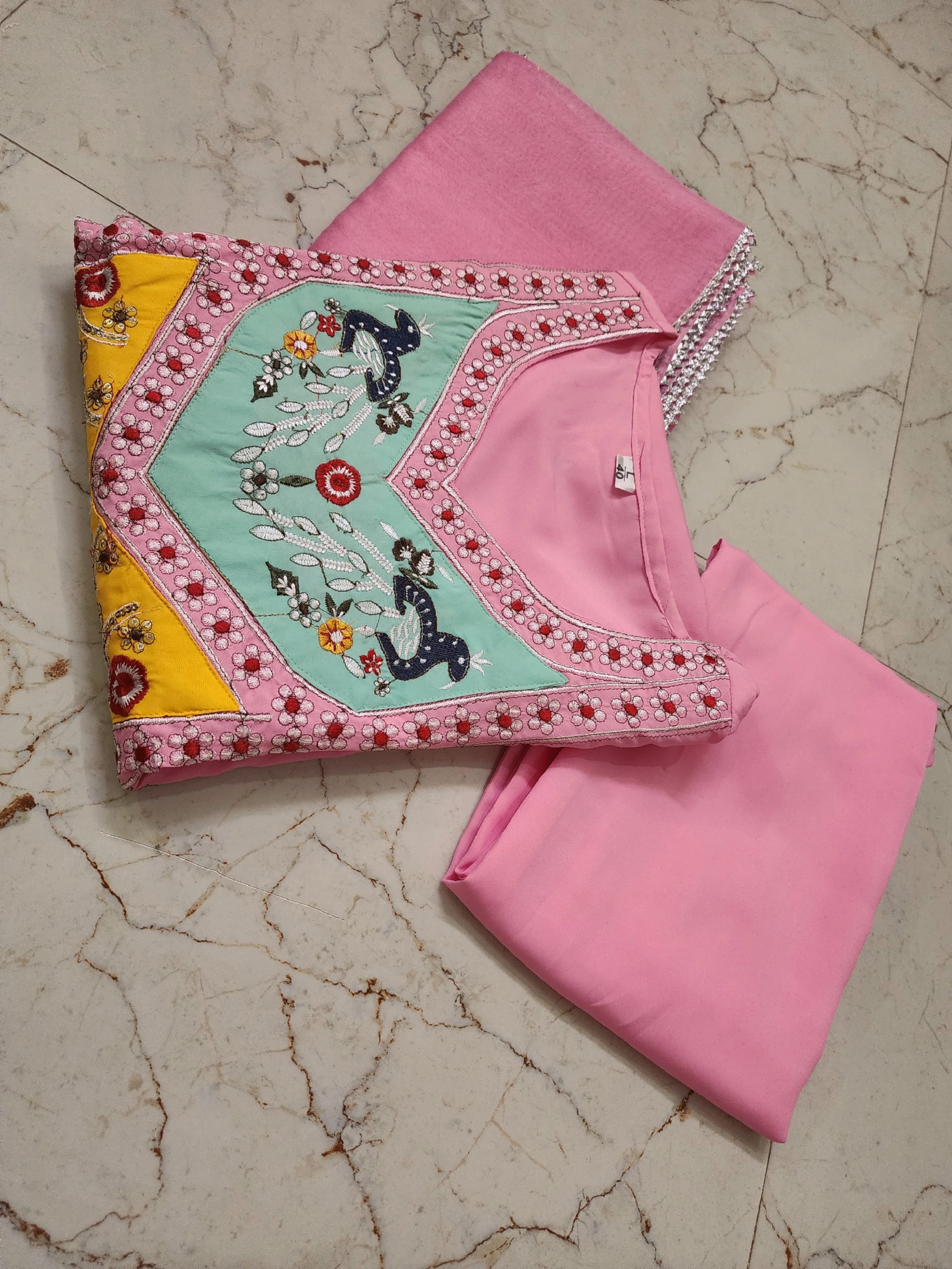 Embroidered Pink Festive Cotton Suit Set