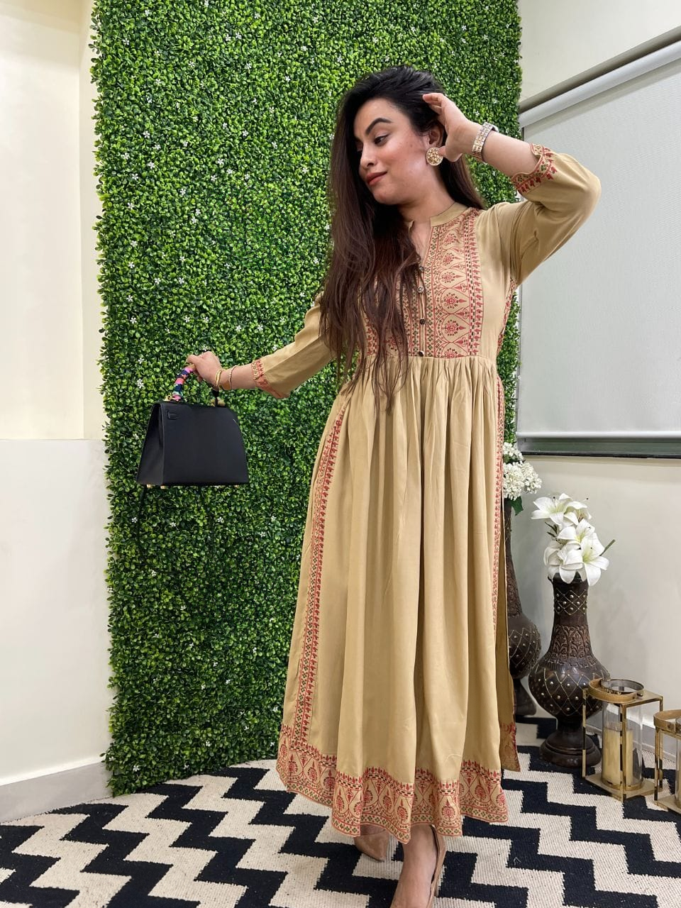 Royal Beige Flared Kurti with Traditional Embroidery