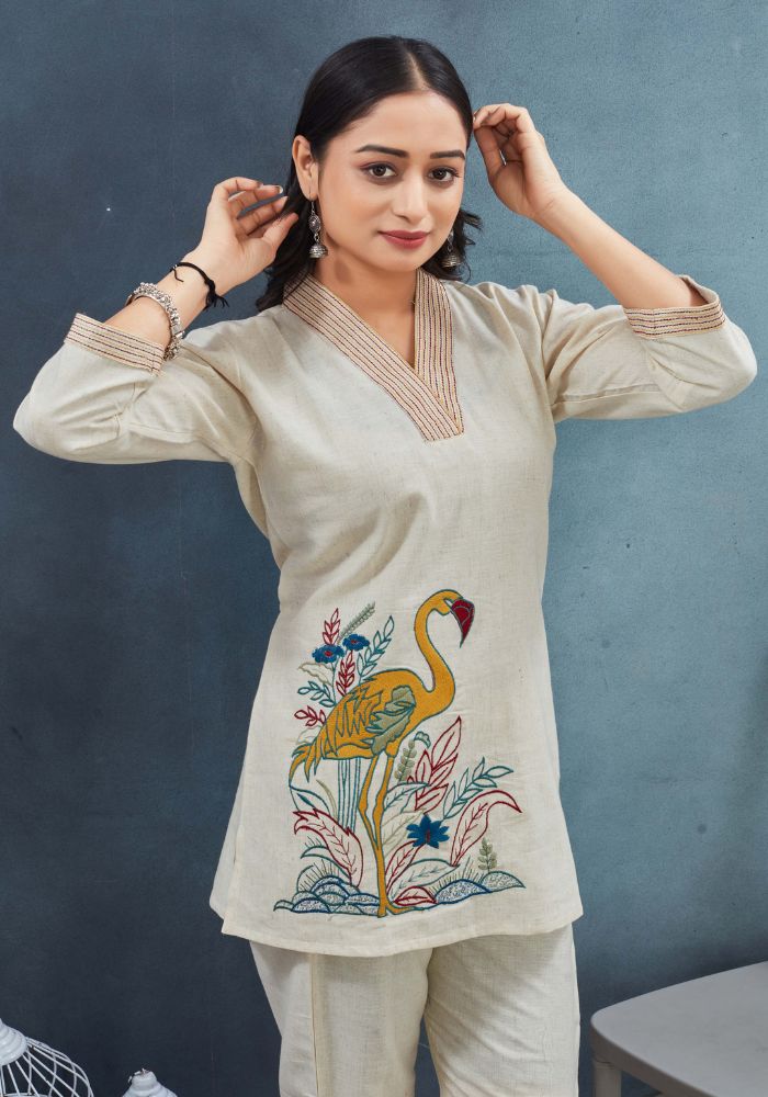 Beige Cotton Co-ord Set with Bird Embroidery