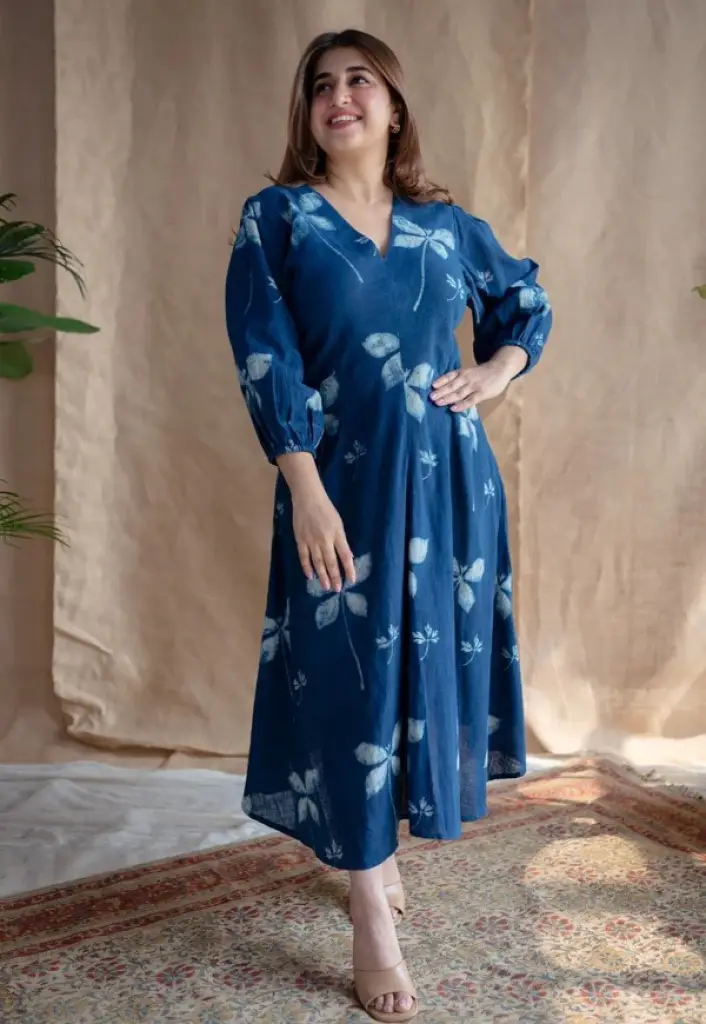 Blue Floral Midi Dress with Puff Sleeves