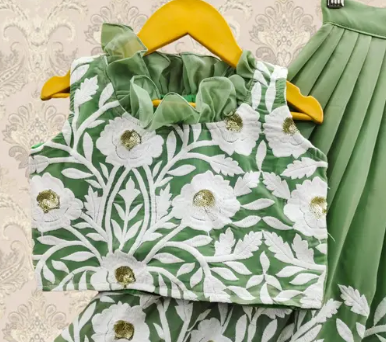 Kids Mint Green Floral Embroidered Lehenga Choli Set