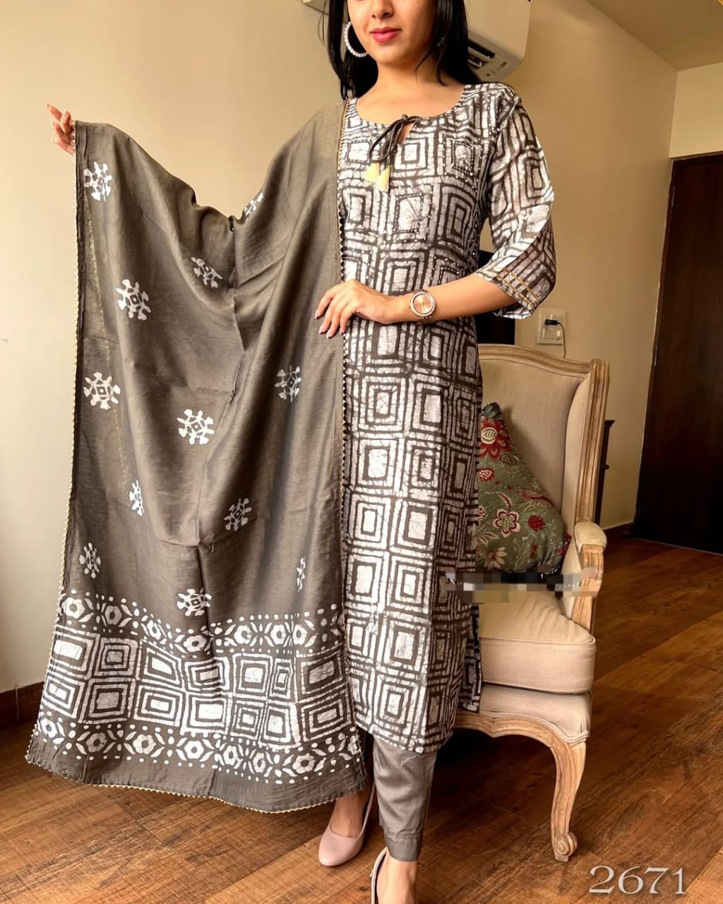 Geometric Grace Grey Printed Cotton Suit Set