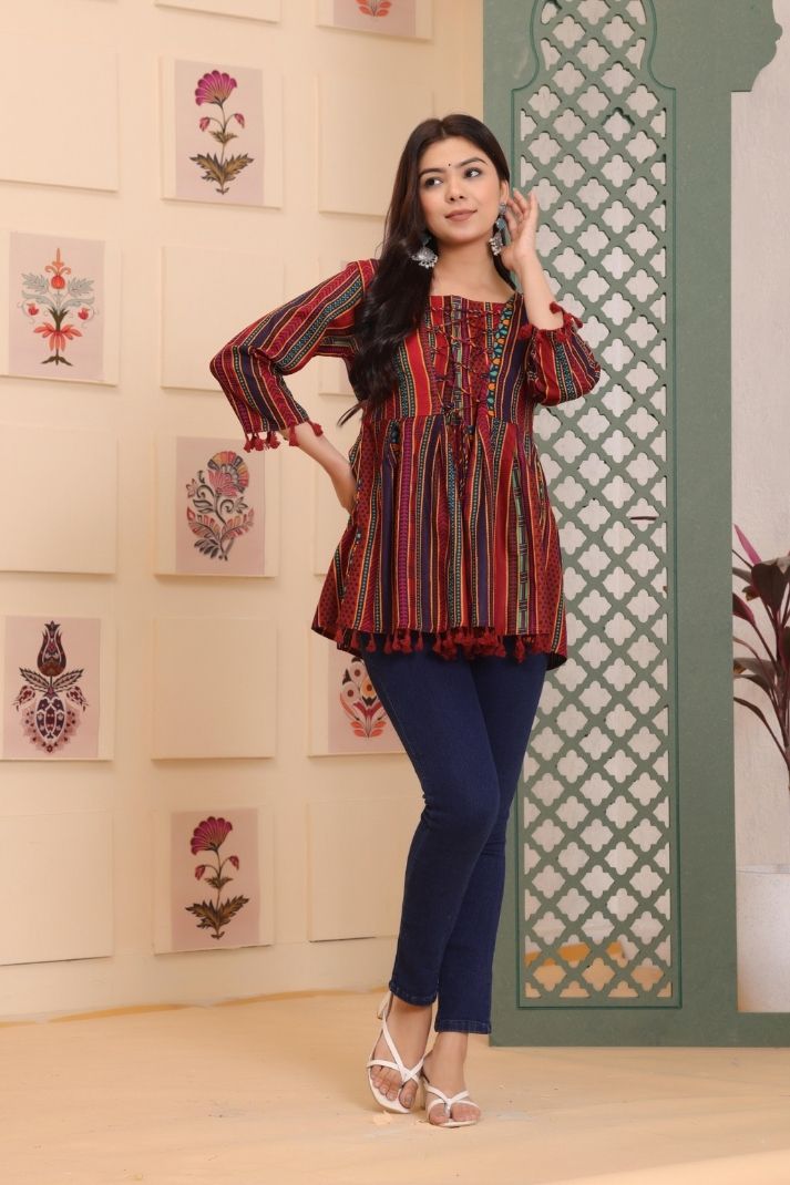 Boho-Chic Printed Cotton Peplum Top with Tassels