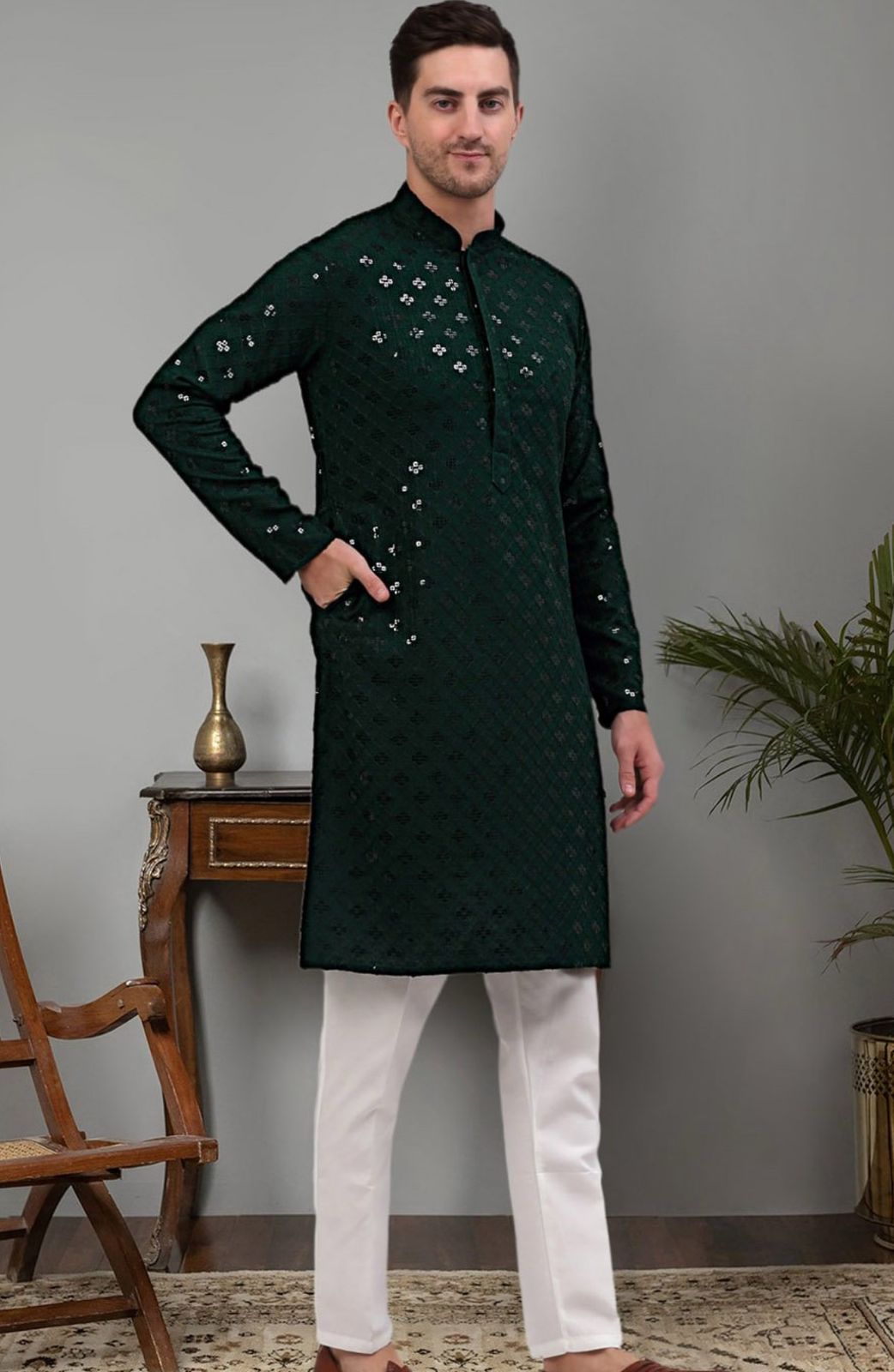 Embroidered mandarin collar regular sequinned detailed kurta with pyjamas