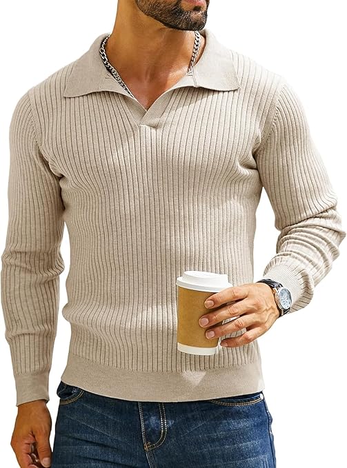 Men’s Ribbed Knit Beige Long Sleeve Polo Sweater 