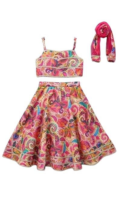 Girls Multicolor Paisley Printed Lehenga Choli Set with Crop top 