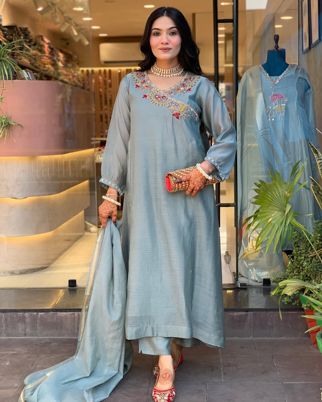 Mist Blue Mirror Embroidered Silk Kurta Set