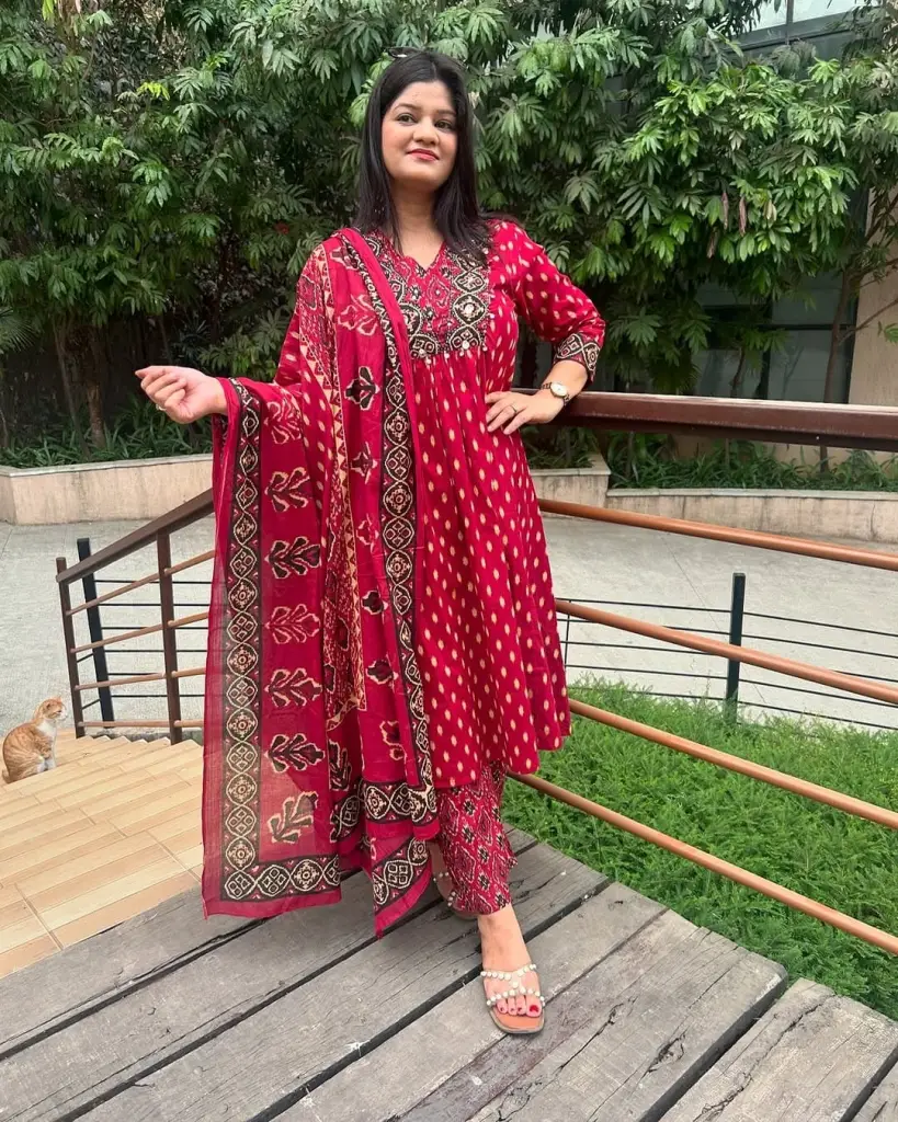 Festive Red Floral Printed Suit Set