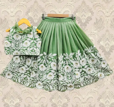 Kids Mint Green Floral Embroidered Lehenga Choli Set