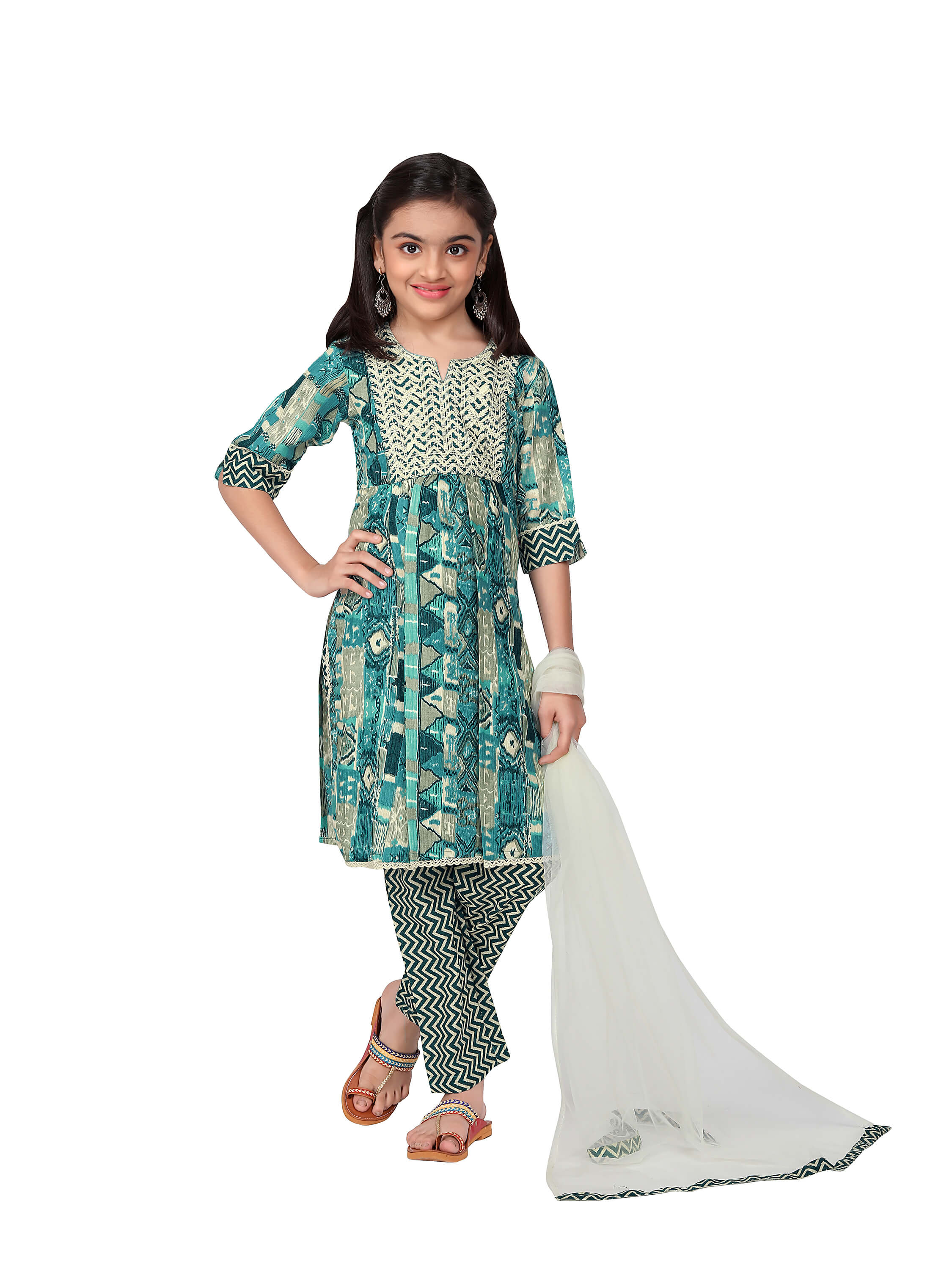 Girls Embrodrery Kurta with Bottom Dupatta set