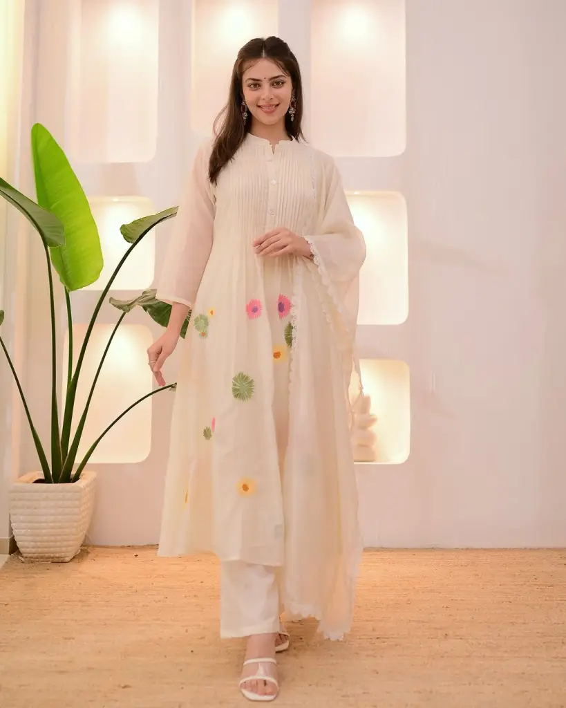  White Ivory Pastel Floral Cotton Suit Set