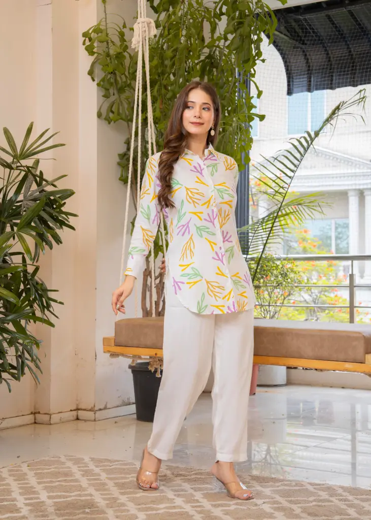 Heavy Rayon Silk Coord Set with Shirt Style Top