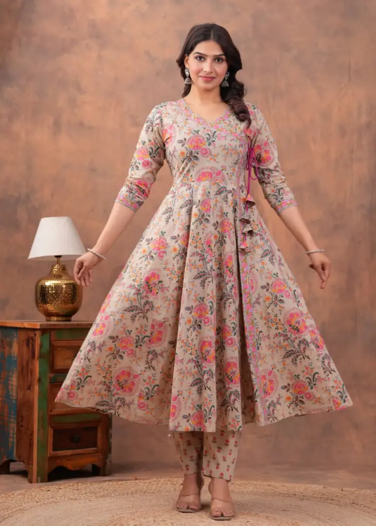 Multicolor Block Print Cotton Full Flair Anarkali set 