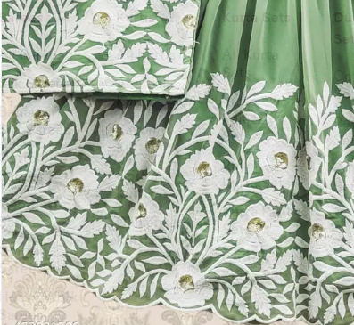 Kids Mint Green Floral Embroidered Lehenga Choli Set