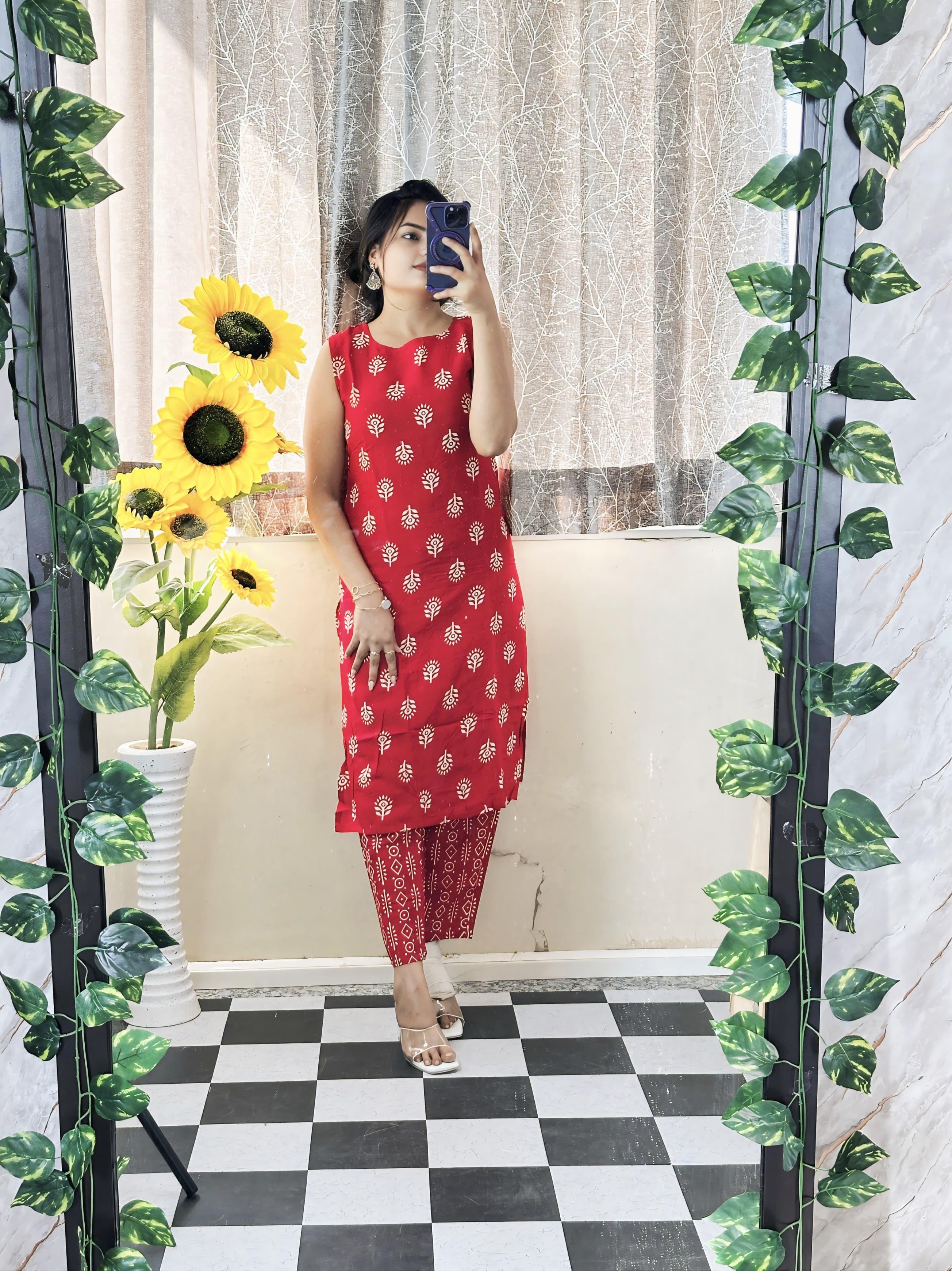 Red Printed Cotton Kurta Set for Women