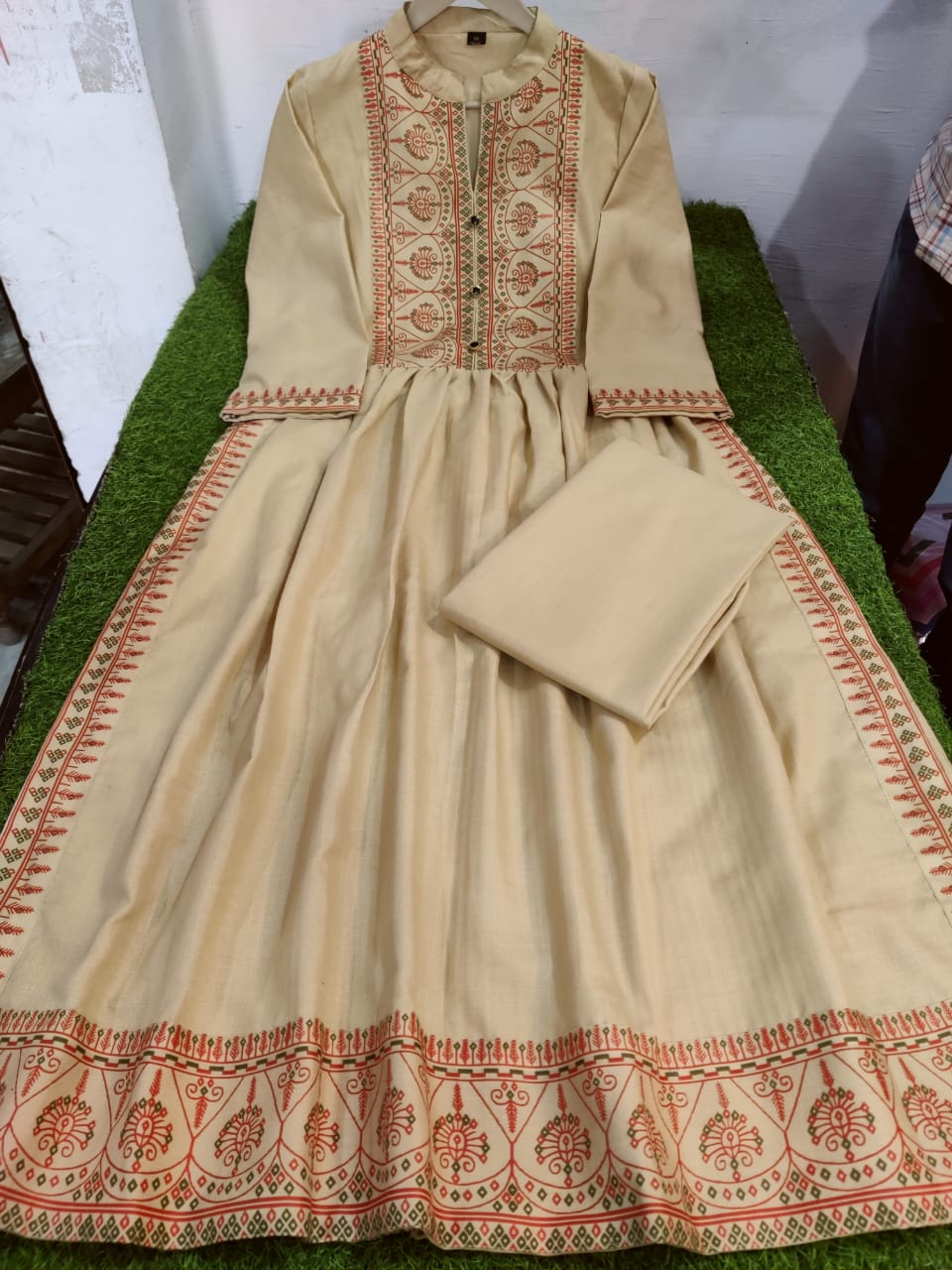 Royal Beige Flared Kurti with Traditional Embroidery