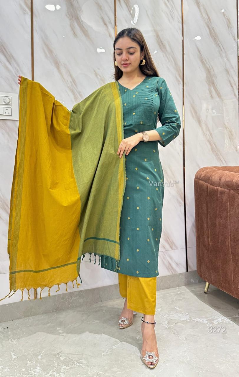 Elegant Teal Green and Mustard Cotton Kurta Set
