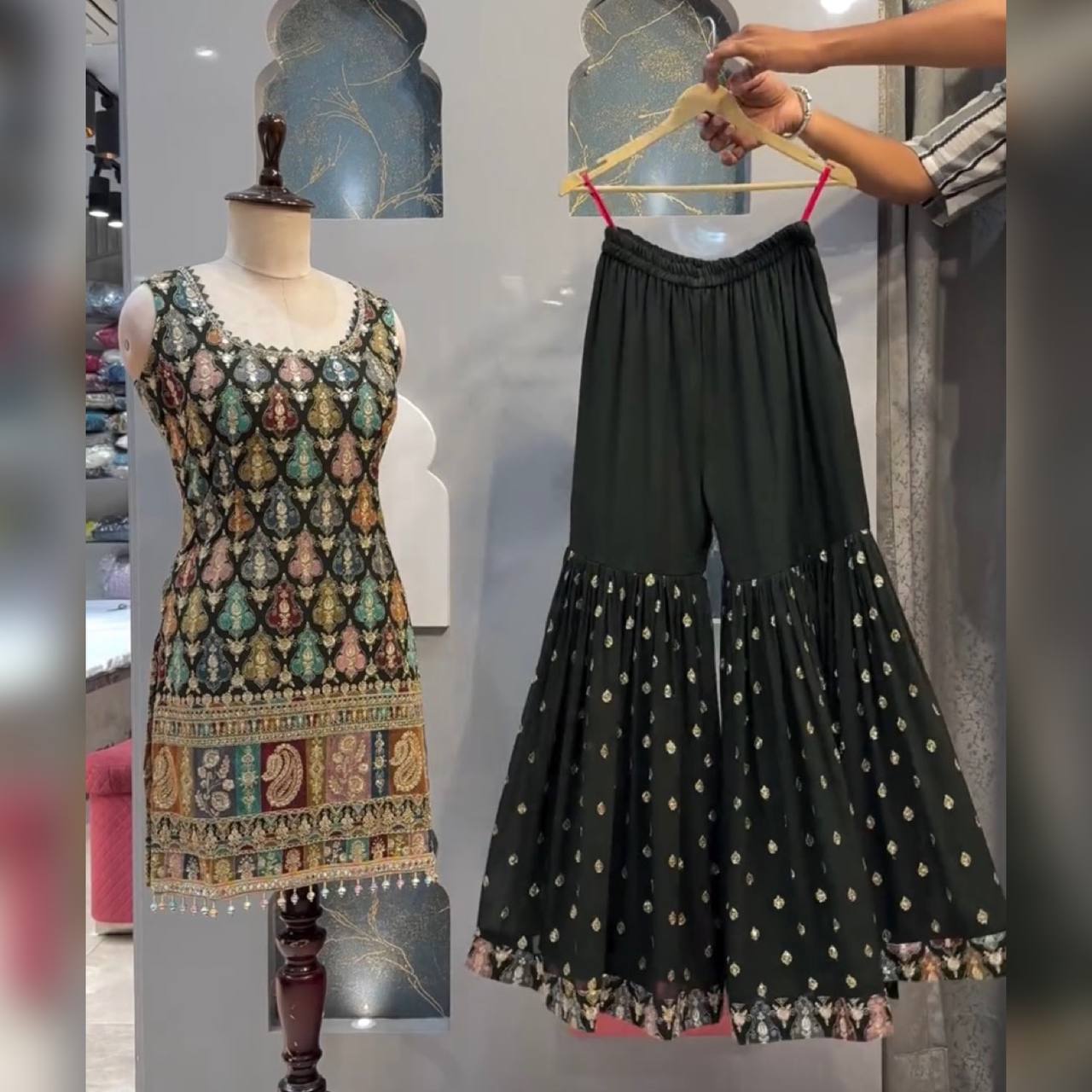 Faux Georgette Sharara Set, top, palazzo, and dupatta