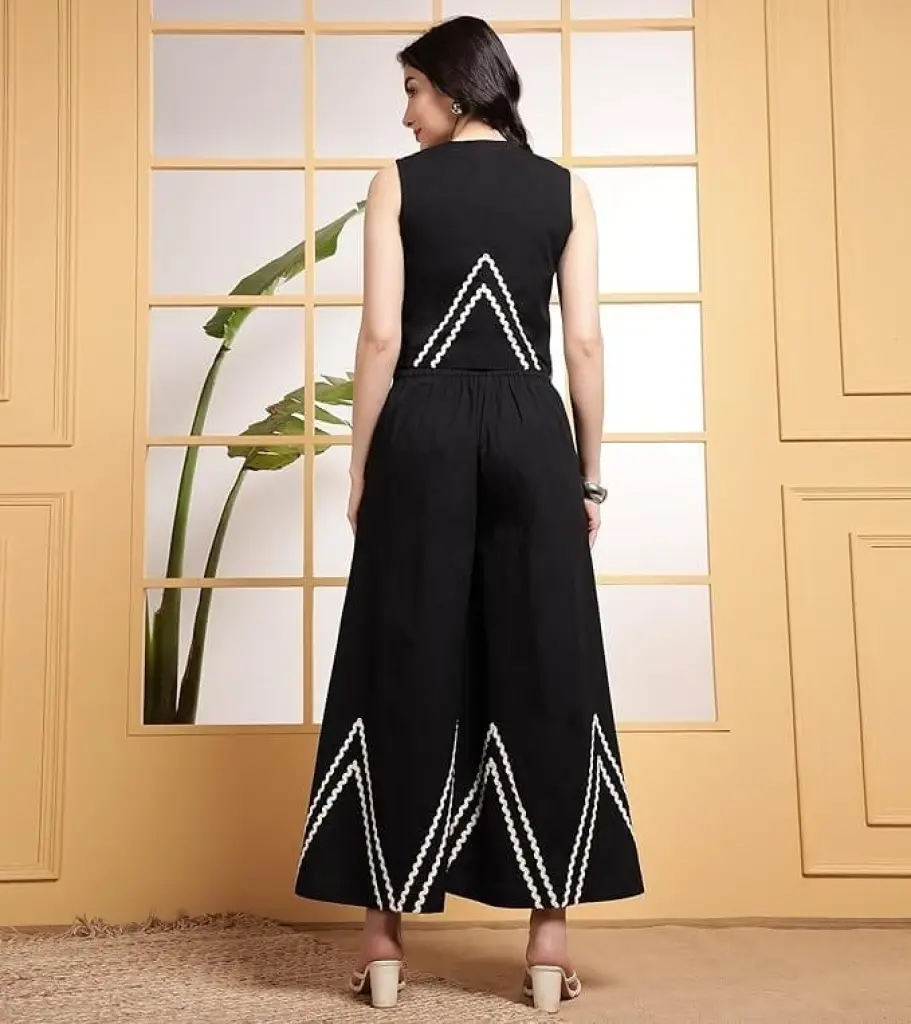 Elegant Black Co-ord Set with White Zigzag Lace
