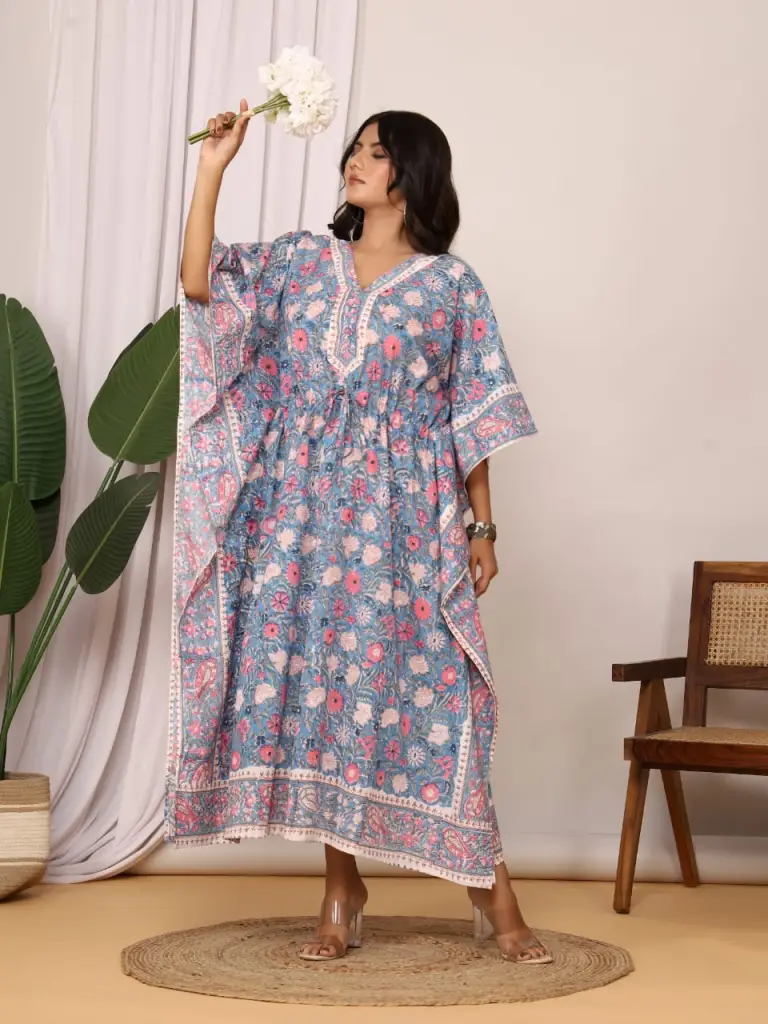 Cotton mul kaftan in beautiful floral print.