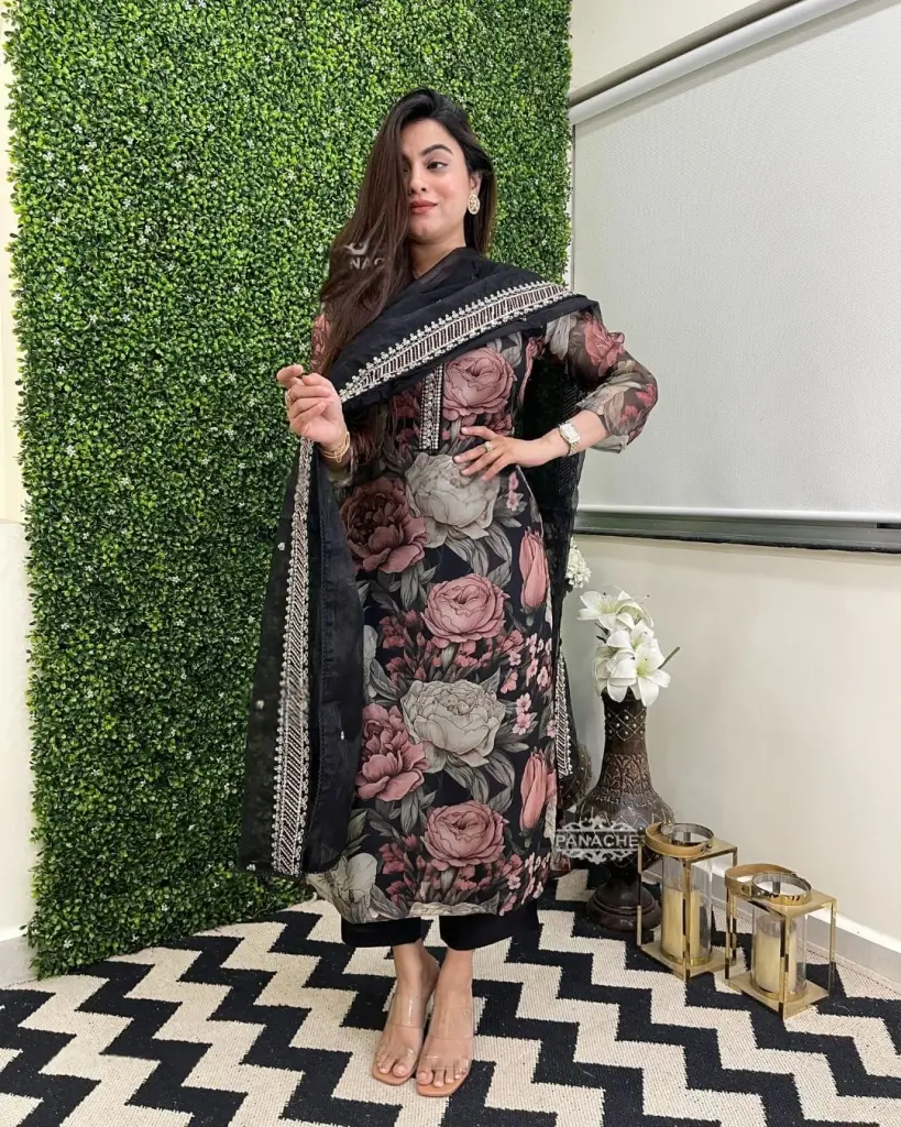 Elegance Bloom  Black Chanderi Organza Floral Suit Set