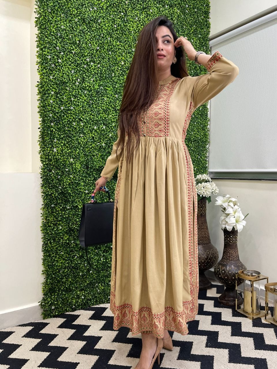 Royal Beige Flared Kurti with Traditional Embroidery