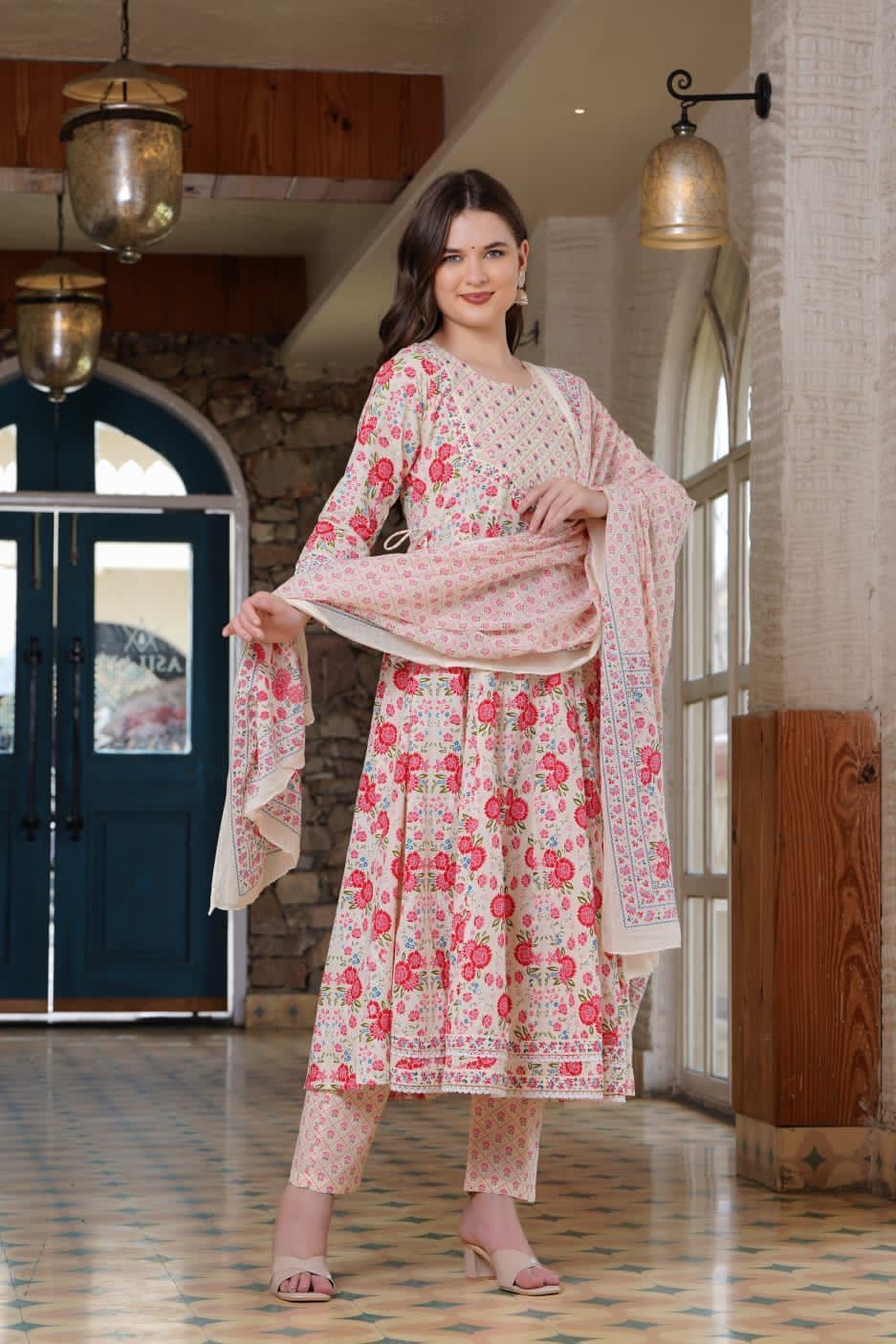 Jaipuri floral cottan Anarkali kurti 