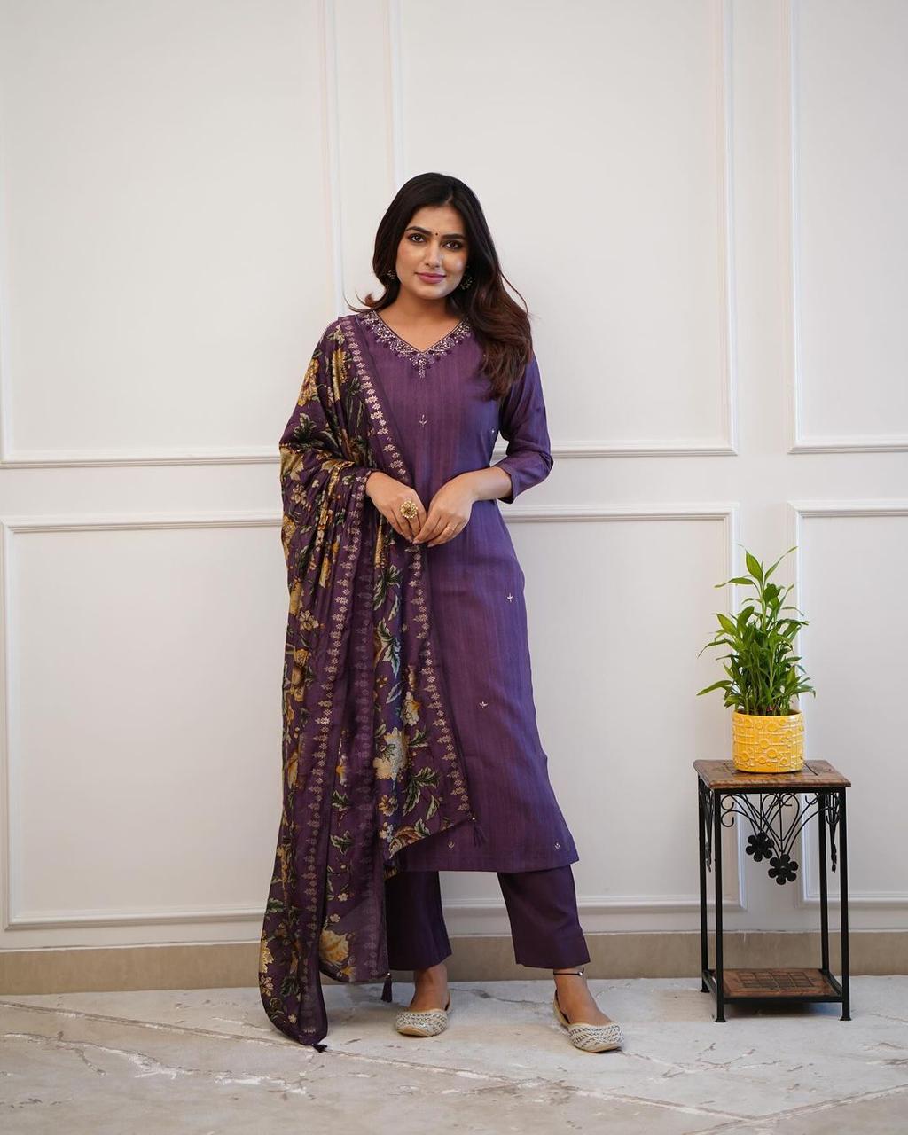 Purple Floral Embroidered Kurti Set with Printed Dupatta