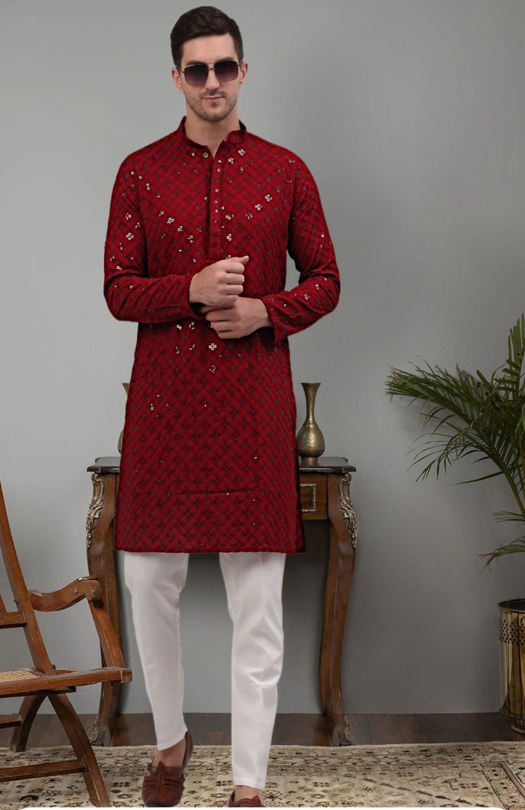 Embroidered mandarin collar regular sequinned detailed kurta with pyjamas