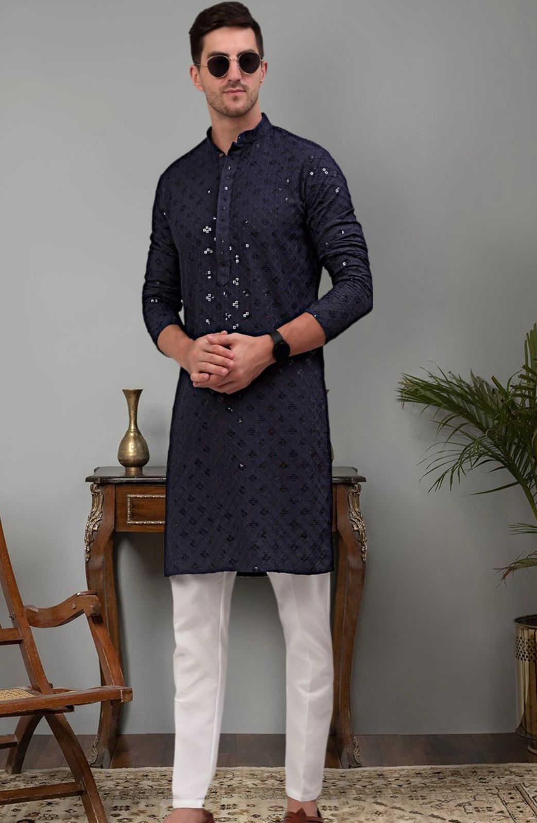 Embroidered mandarin collar regular sequinned detailed kurta with pyjamas