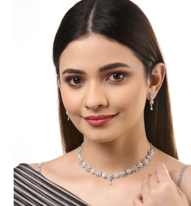 SILVER PLATED FLORAL AMERICAN DIAMOND NECKLACE SET FOR WOMEN