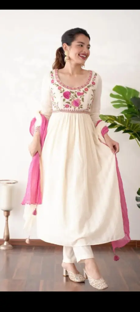 Pari Jaipuri Cream Anarkali Kurti Set