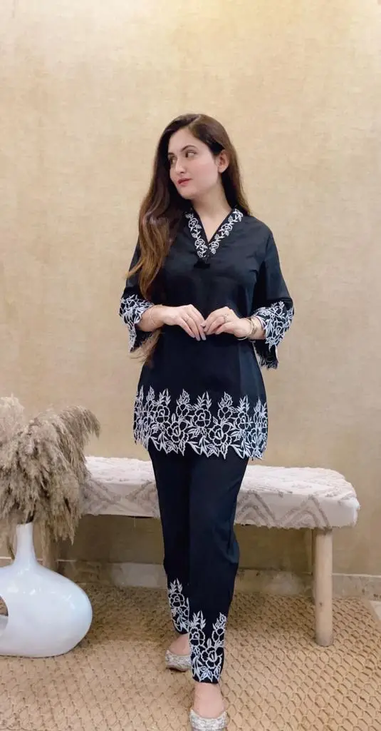 Elegant floral embroidered cotton co-ord set 