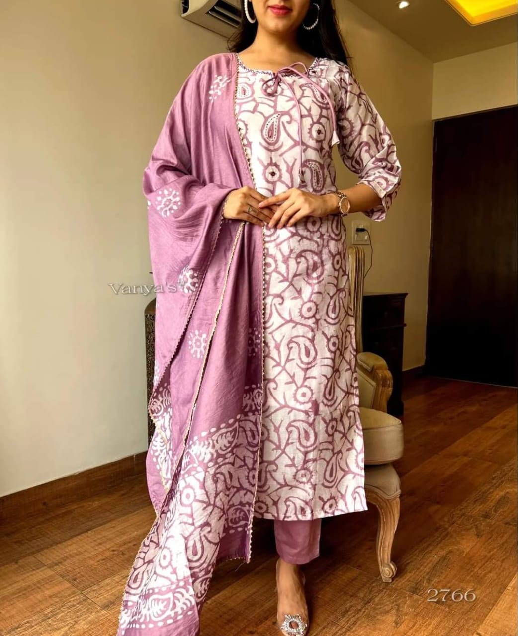 Lavender Paisley Block Print Straight Suit Set