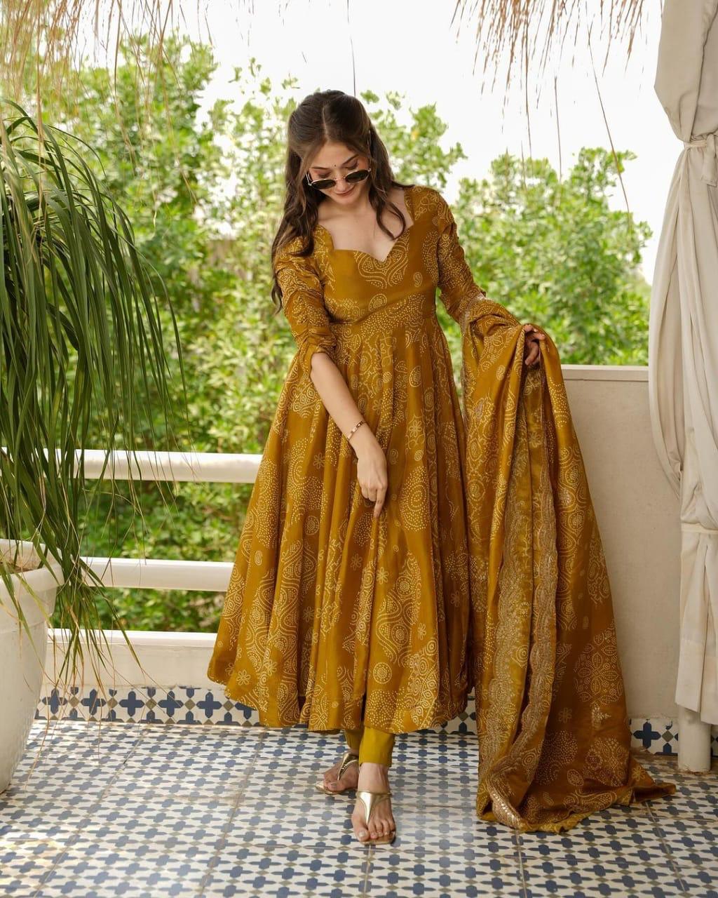 Mustard Yellow Floral Anarkali Suit with Dupatta