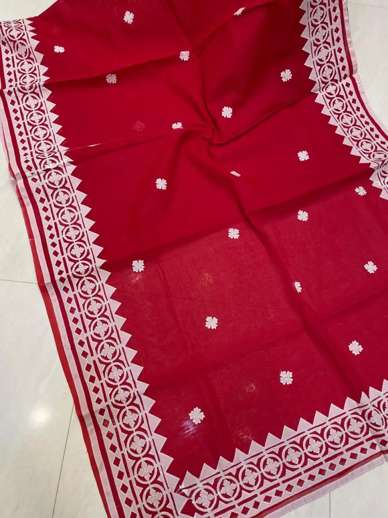 Red Resham Kota Silk Saree with White Embroidery 