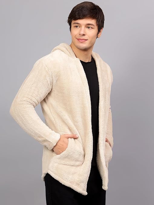 Beige Ultra-Soft Fleece Zipperless Hoodie Jacket for Men