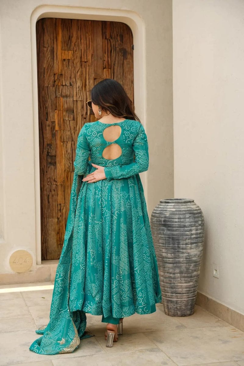 Teal Floral Anarkali Suit with Gold Lace Dupatta