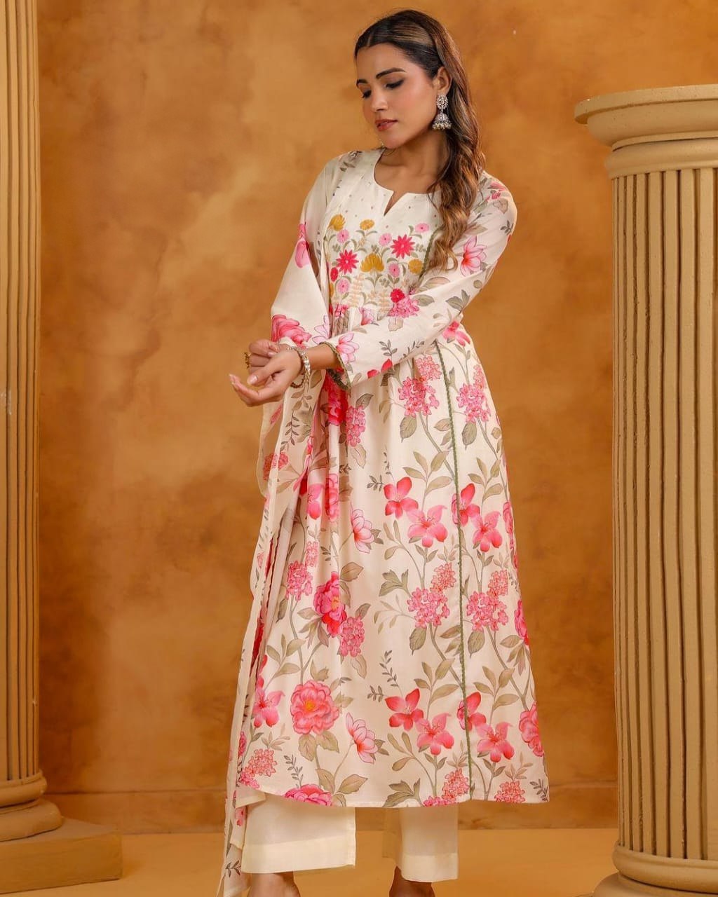 Ivory Floral Anarkali Kurta Set with Dupatta