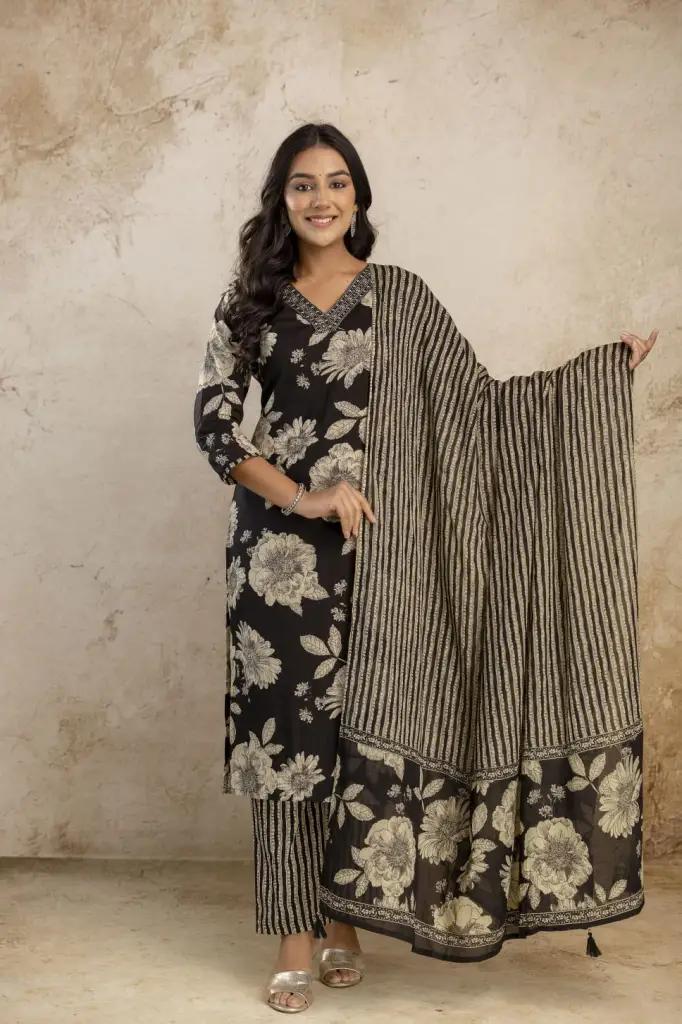  Floral Elegance Straight Kurta Set with Dupatta