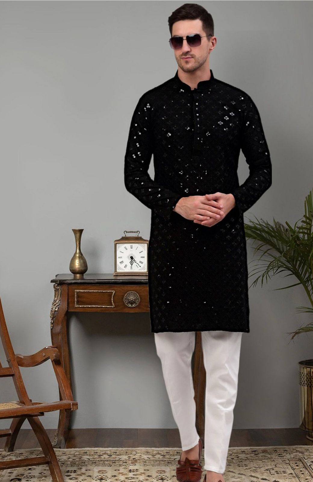 Embroidered mandarin collar regular sequinned detailed kurta with pyjamas