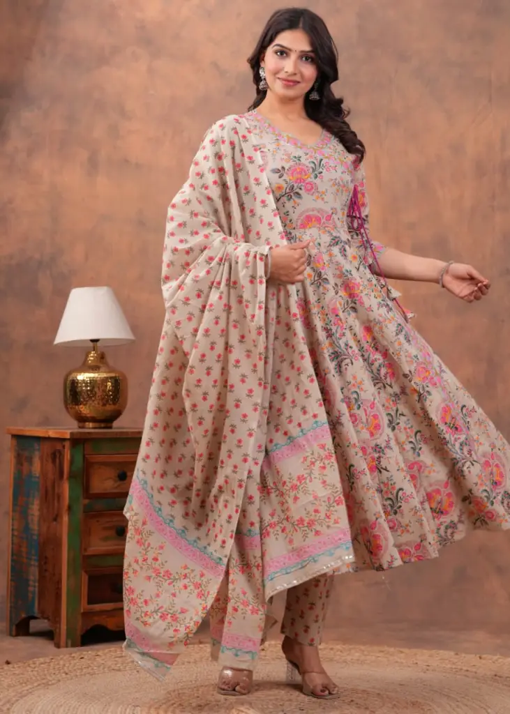 Multicolor Block Print Cotton Full Flair Anarkali set 