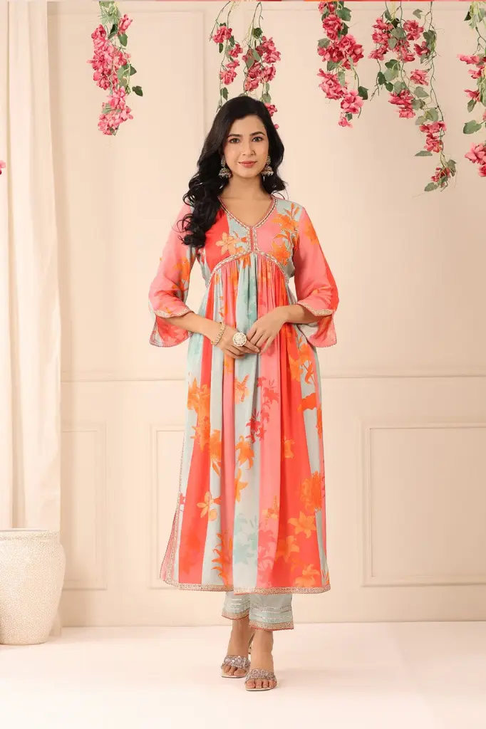 Multicolour Muslin Alia Cut Suit Set 