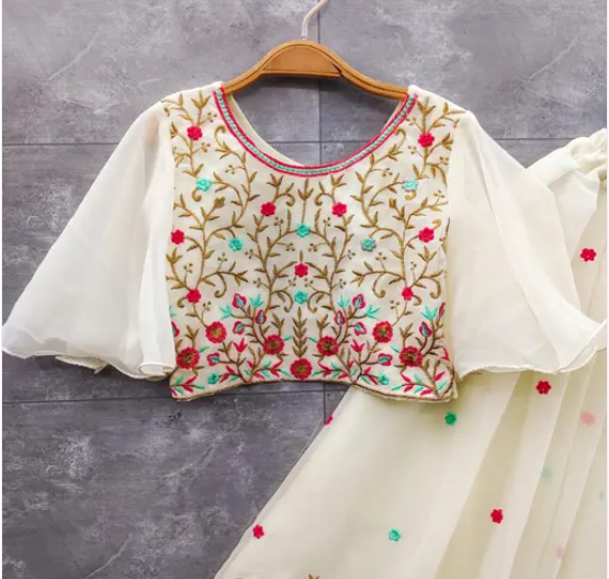 Cream Floral Embroidered Lehenga Choli Set for Girls
