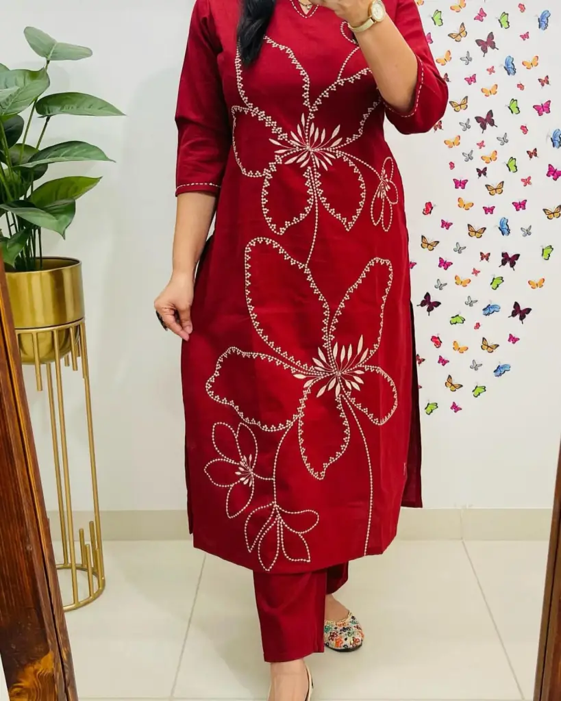 Rose Bloom Cotton Embroidered Kurti Pant Set