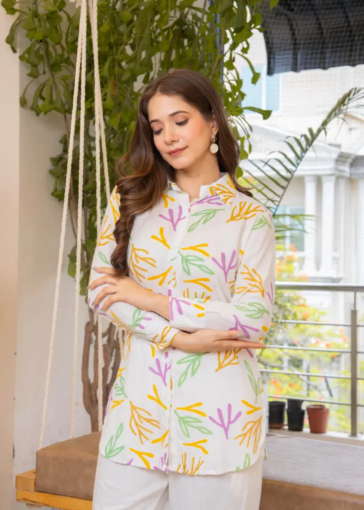 Heavy Rayon Silk Coord Set with Shirt Style Top